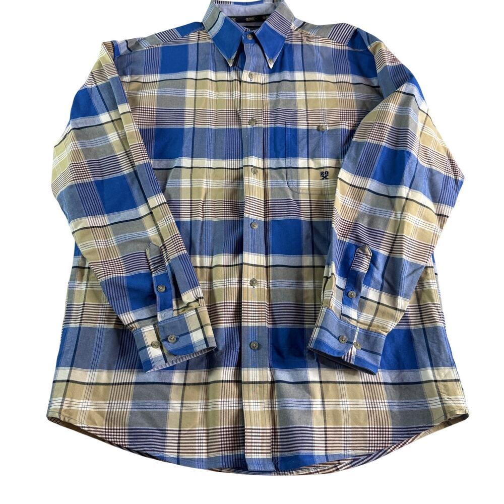 20X Men’s Plaid Button Down Shirt Size L Blue Tan Western Casual 100% Cotton
